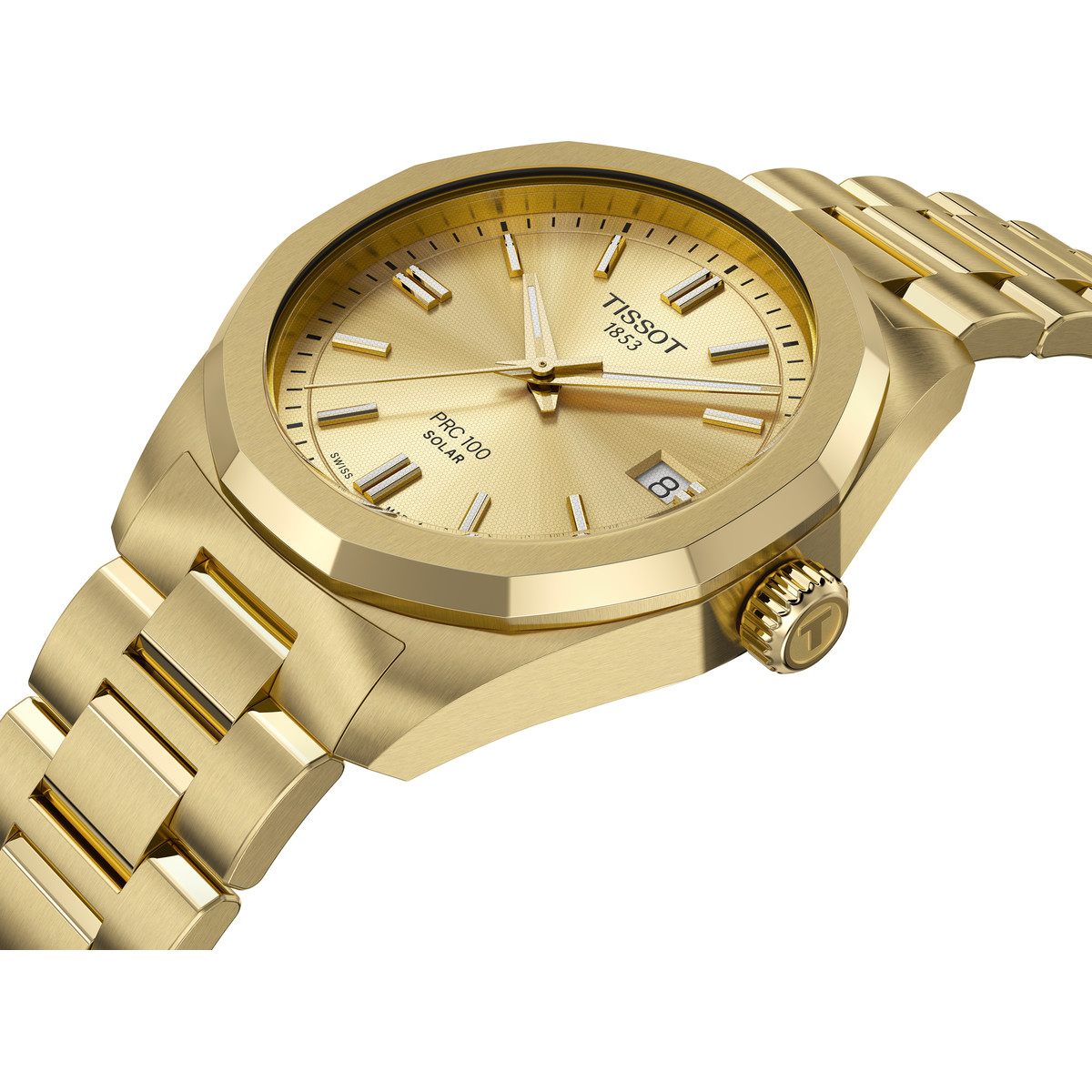 Montre TISSOT prc 100 solar mixte solaire, bracelet acier inoxydable jaune - vue 2
