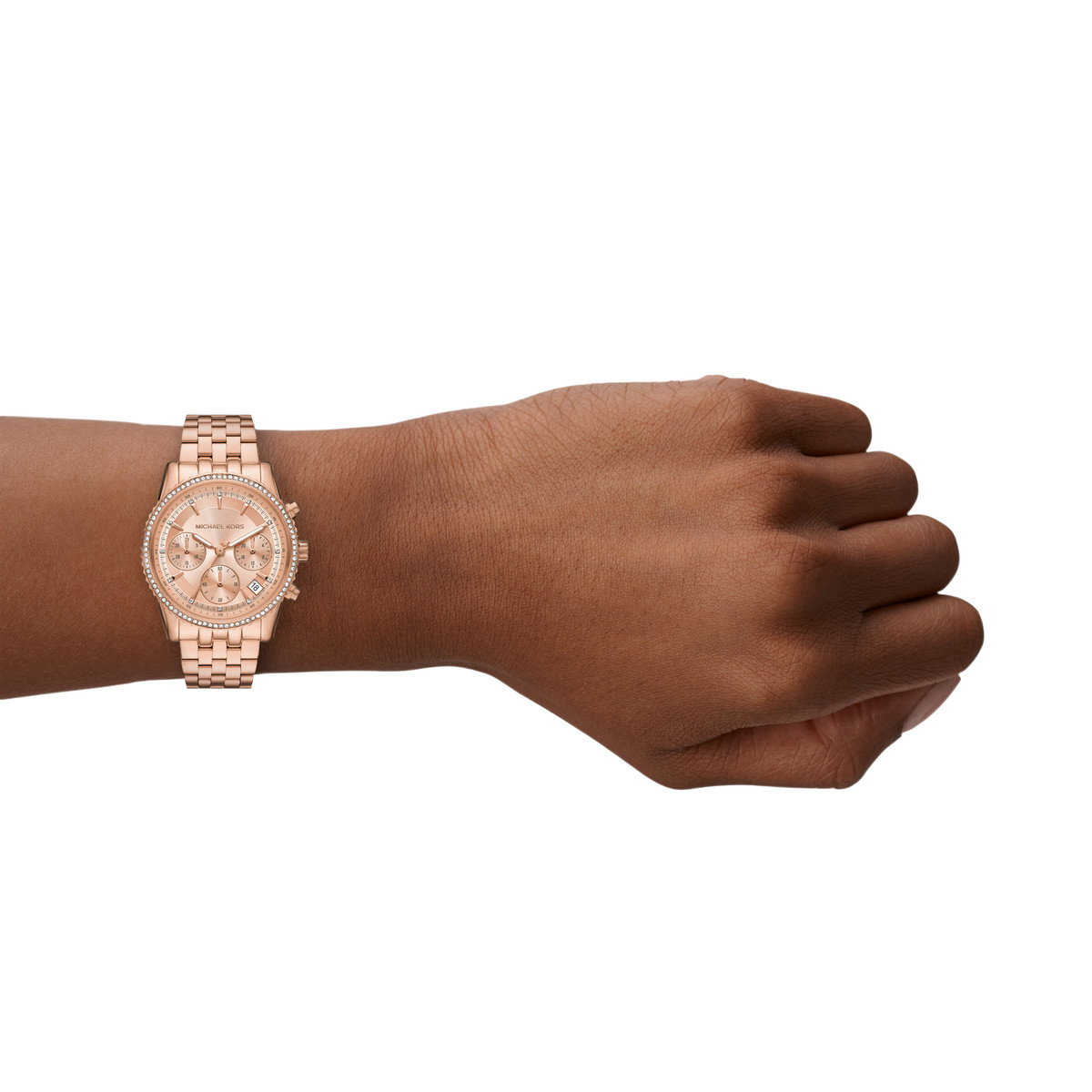 Montre MICHAEL KORS mini bryant femme bracelet acier inoxydable doré rose - vue porté 2