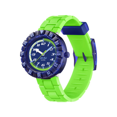 Montre FLIK FLAK NEONBRICK enfant cadran bleu bracelet silicone vert