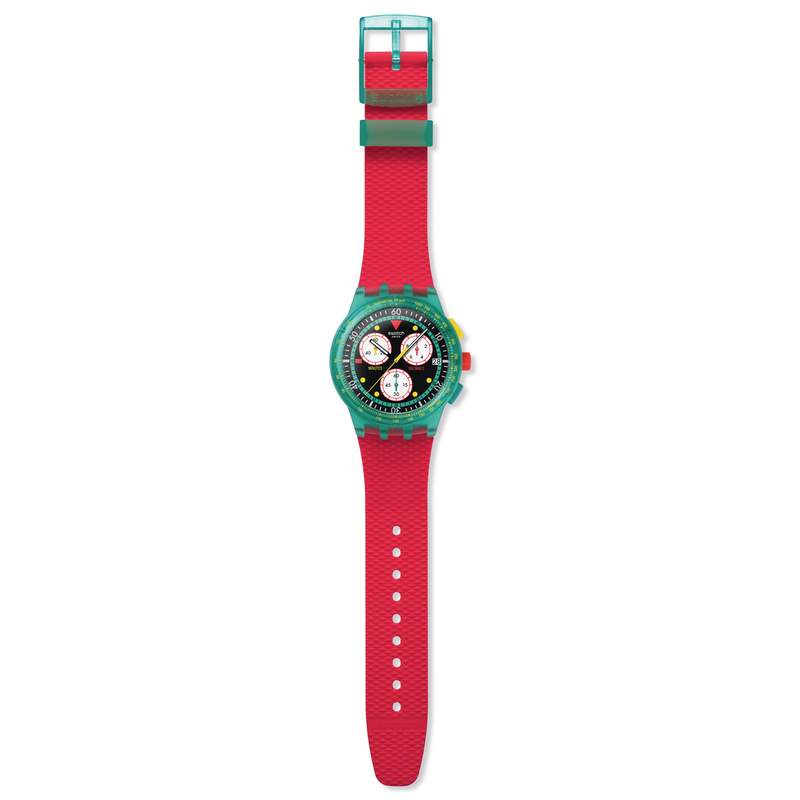Montre SWATCH neon mixte bracelet silicone rouge - vue D1