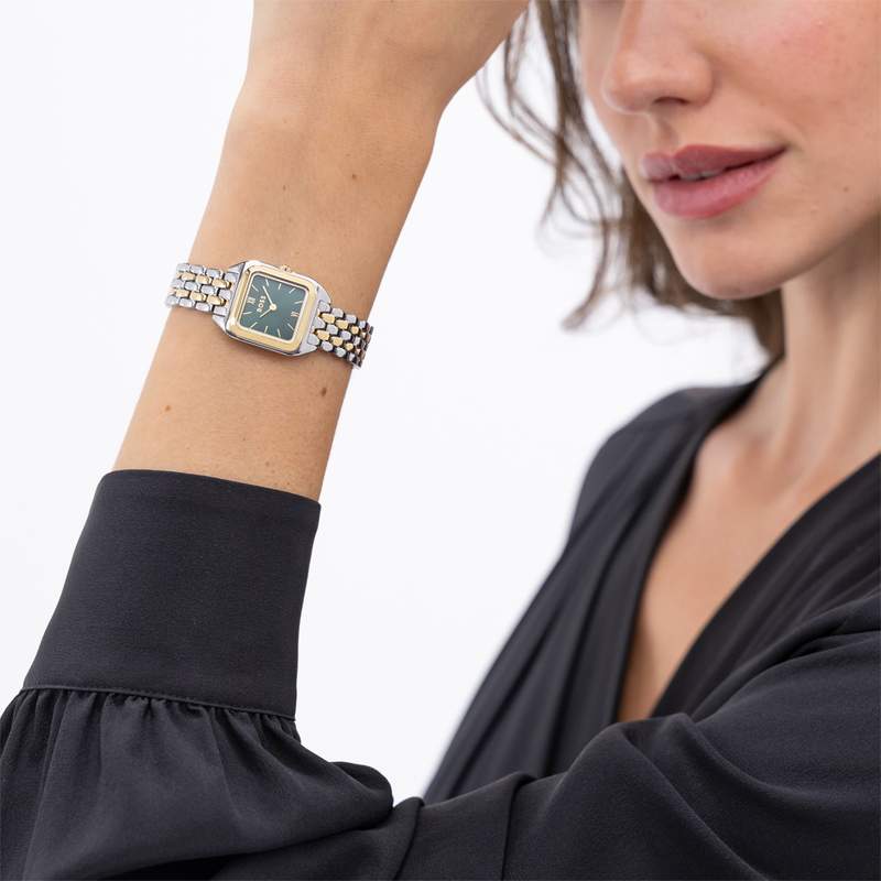 Montre BOSS modern classic femme bracelet acier inoxydable bicolore jaune - vue porté 1