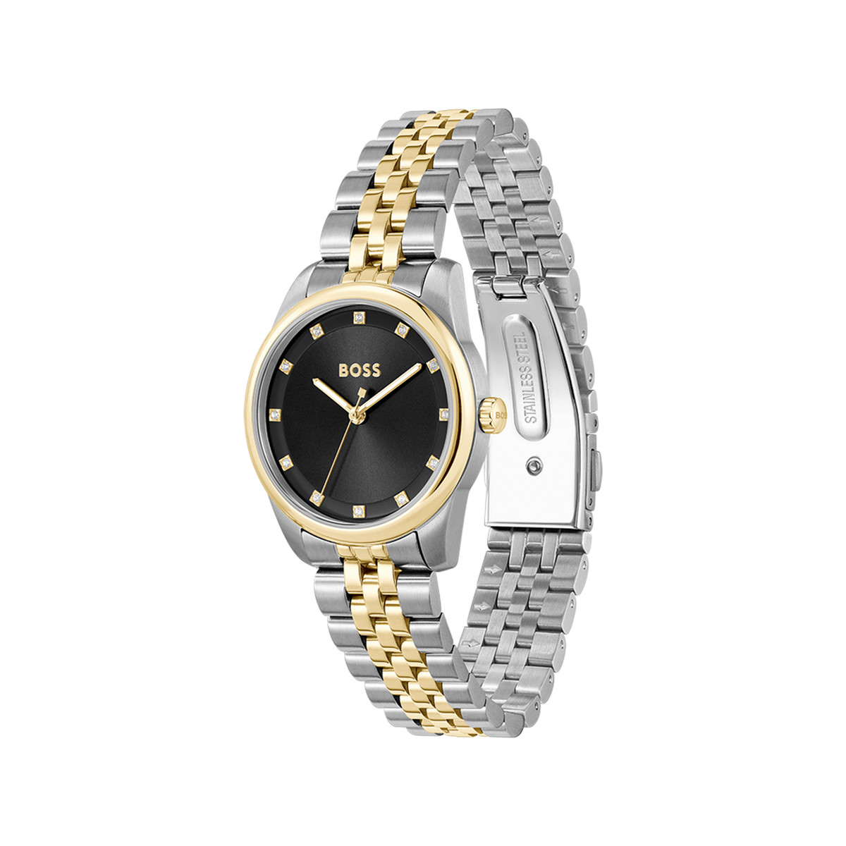 BOSS modern classic dameshorloge met tweekleurige roestvrijstalen armband in geel - afbeelding 2