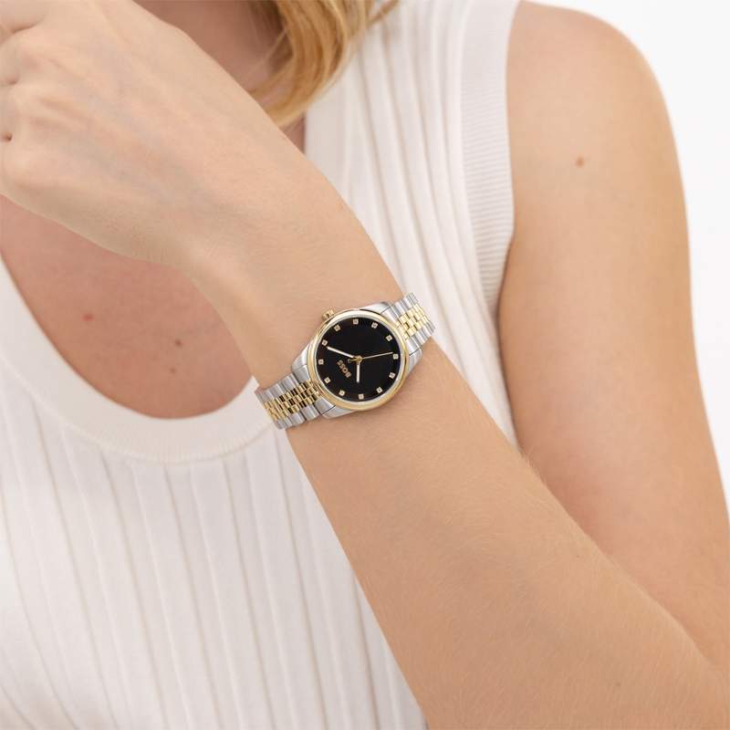 Montre BOSS modern classic femme bracelet acier inoxydable bicolore jaune - vue porté 1