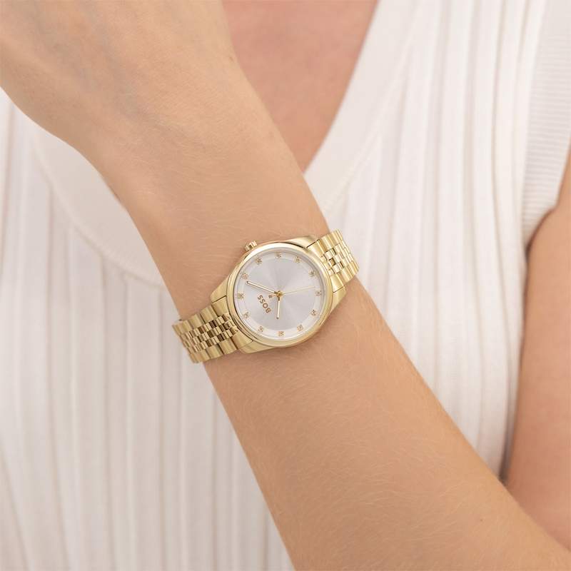 Montre BOSS modern classic femme bracelet acier inoxydable doré jaune - vue porté 1