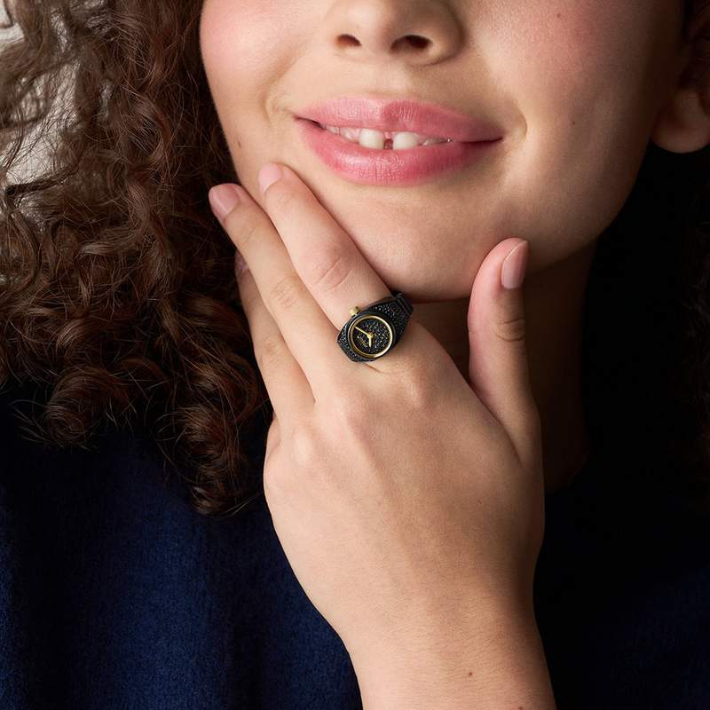 FOSSIL watch ring women's watch black stainless steel bracelet - worn view 1