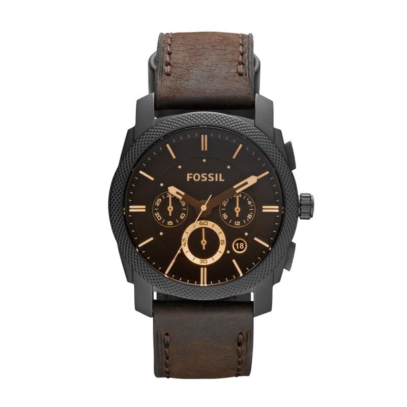 Montre Fossil homme chronographe acier bracelet cuir noir - vue 1