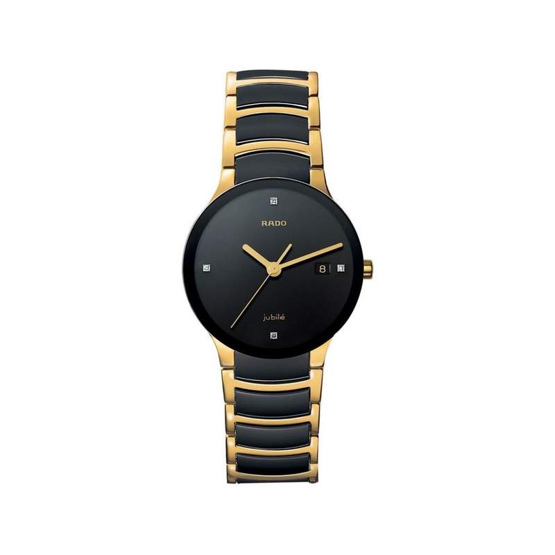 Montre RADO Centrix Diamonds homme acier doré et noir bracelet céramique - vue 1