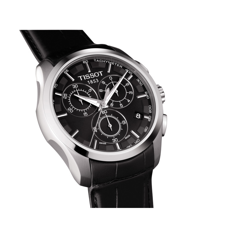 Montre Tissot homme chronographe acier bracelet cuir noir - vue D1