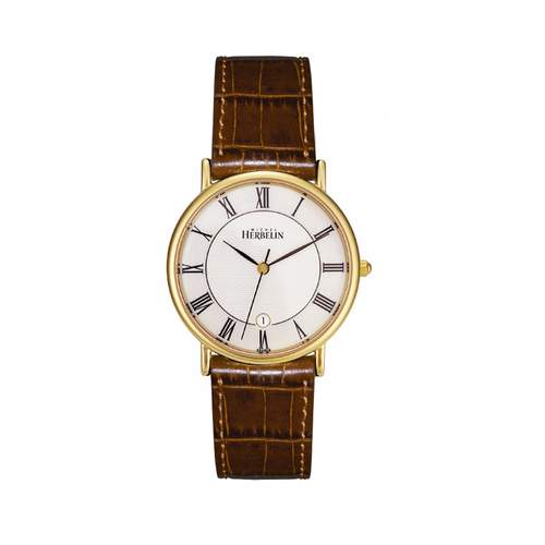 Montre Herbelin classique homme acier doré bracelet cuir marron