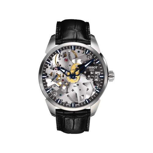 Montre Tissot homme mécanique squelette acier cuir