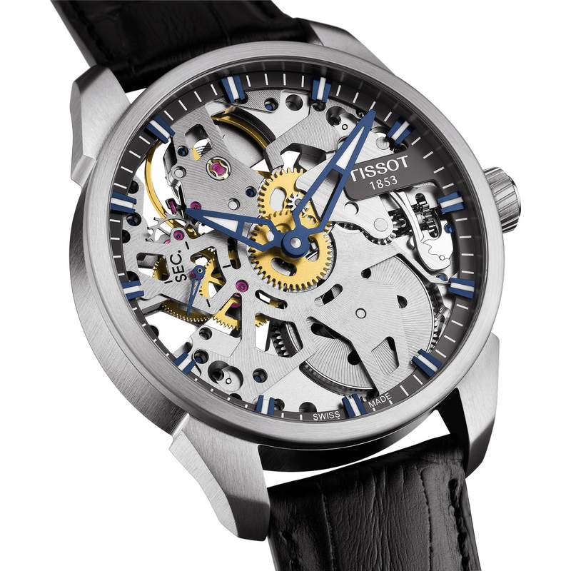 Montre Tissot homme mécanique squelette acier cuir - vue 3