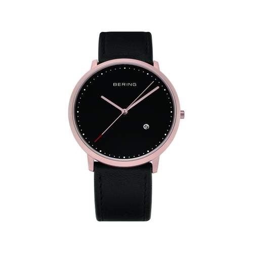Bering men's pink steel brown leather watch