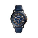 Montre Fossil homme chronographe acier noir bracelet cuir bleu - vue 1
