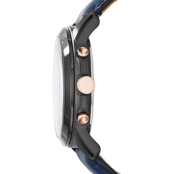 Fossil herenhorloge chronograaf zwart staal blauwe leren band