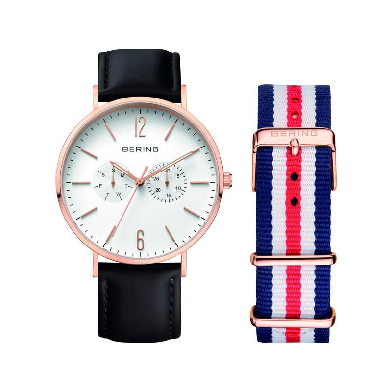 Montre Bering homme acier doré rose cuir et nato - vue 1