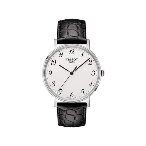 Tissot men's black leather steel watch