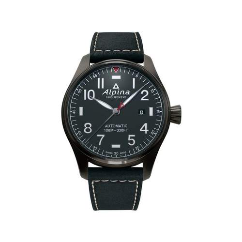 Alpina automatic men's watch steel black leather