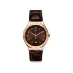 Montre Swatch homme acier doré rose cuir marron - vue 1