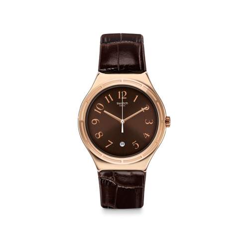 Montre Swatch homme acier doré rose cuir marron
