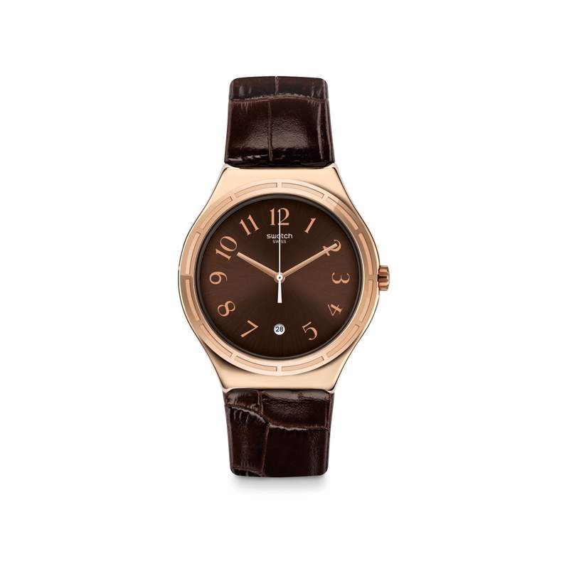 Montre Swatch homme acier doré rose cuir marron - vue 1