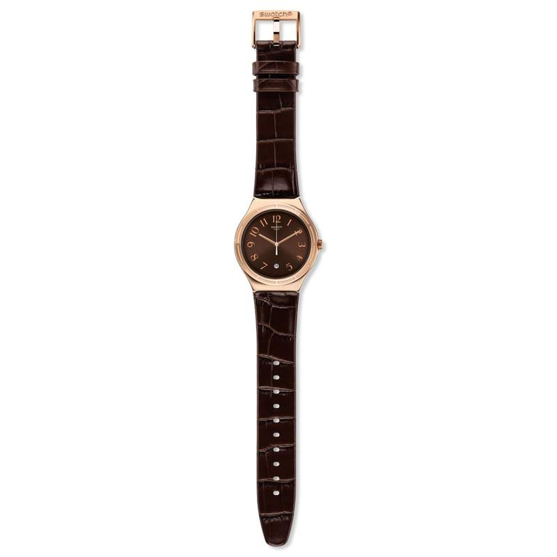 Montre Swatch homme acier doré rose cuir marron - vue D1