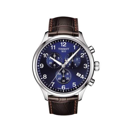 Montre TISSOT CHRONO XL CLASSIC homme cadran bleu bracelet cuir marron boitier acier