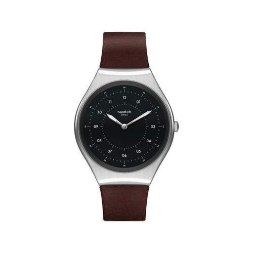 Montre Swatch mixte Skinbrushed acier cuir marron