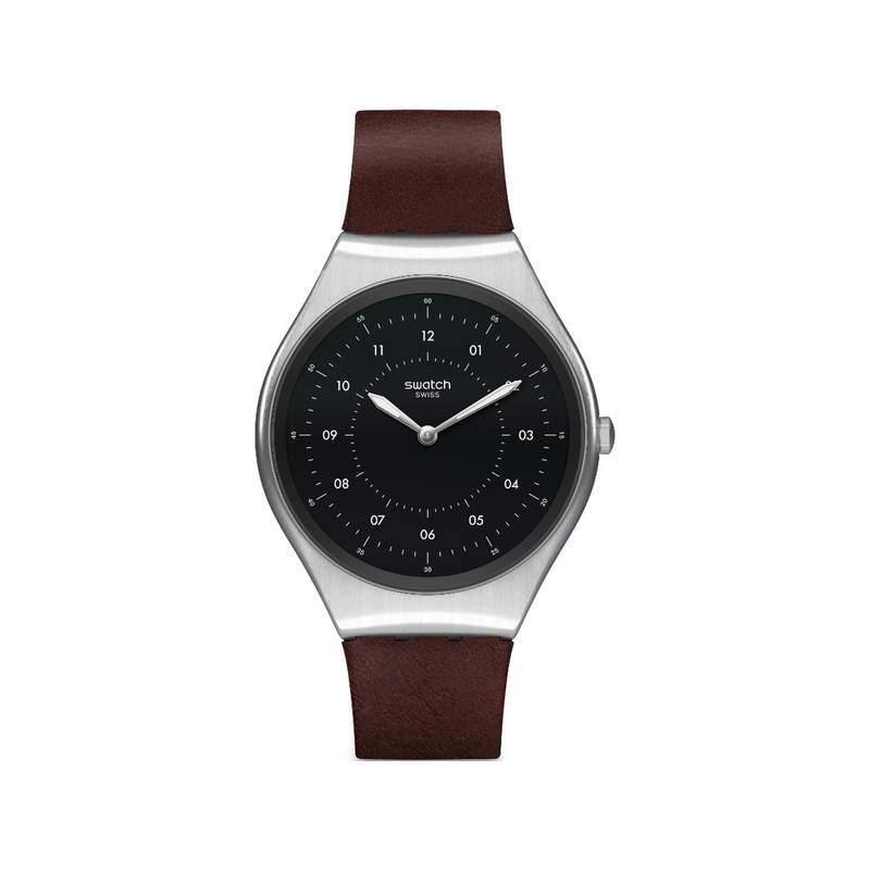 Montre Swatch mixte Skinbrushed acier cuir marron - vue 1