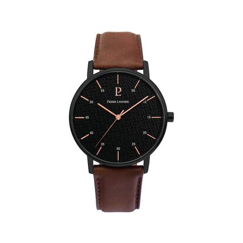 Montre Pierre Lannier homme acier noir cuir marron