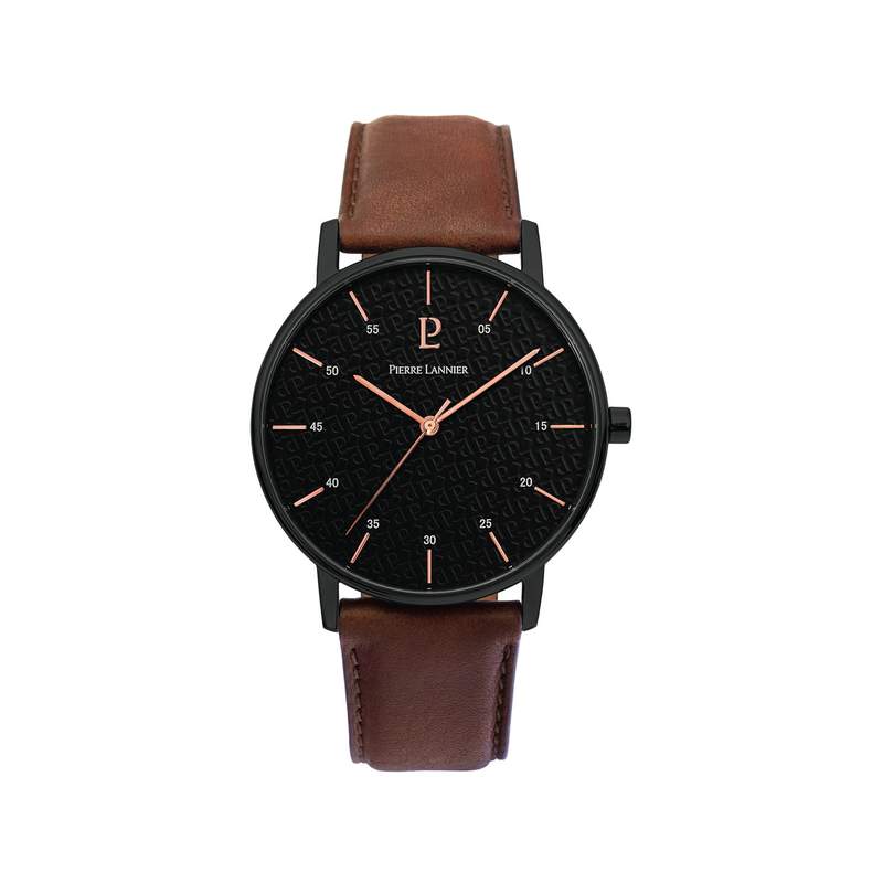 Montre Pierre Lannier homme acier noir cuir marron - vue 1