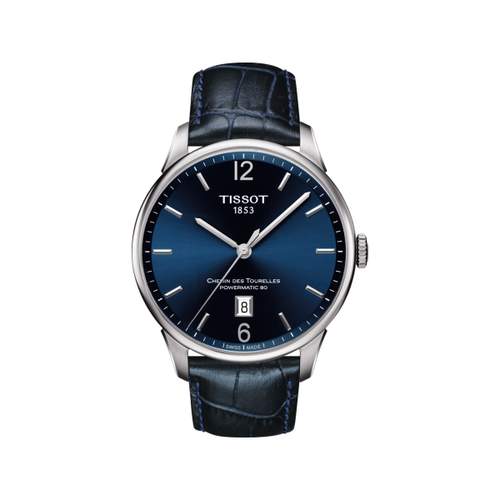 Men's automatic Tissot watch steel leather blue