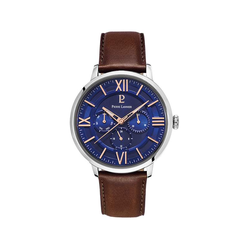 Montre Pierre Lannier homme acier cuir brun - vue 1