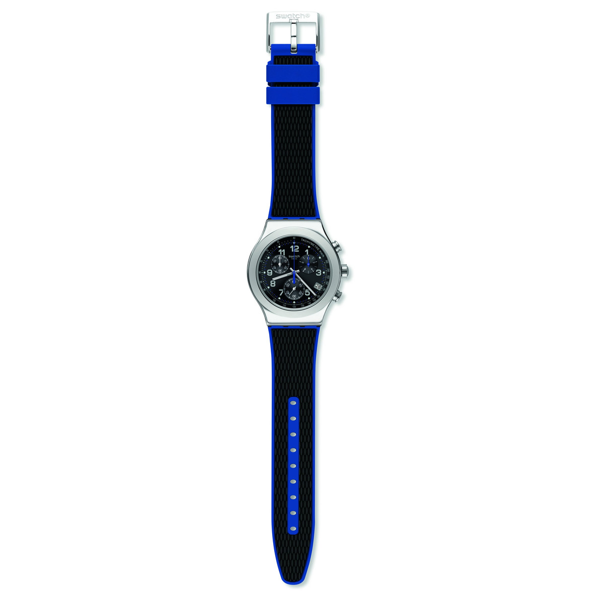 Montre Swatch New Irony Chrono Blue grid homme acier bracelet caoutchouc bleu - vue D1