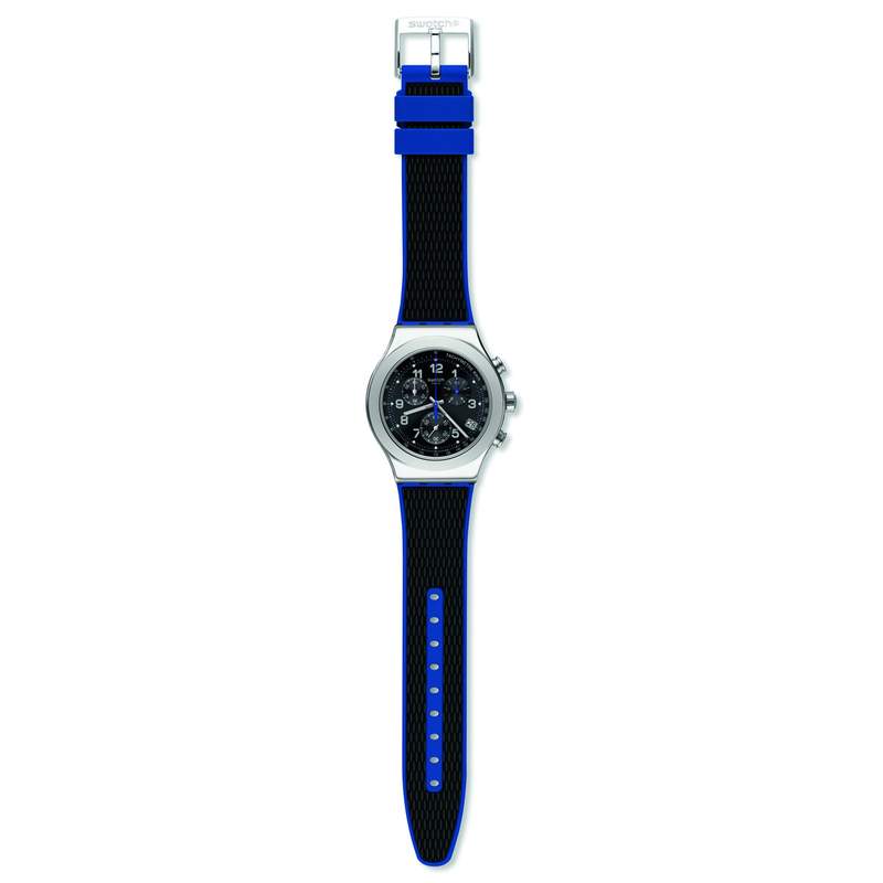 Montre Swatch New Irony Chrono Blue grid homme acier bracelet caoutchouc bleu - vue D1