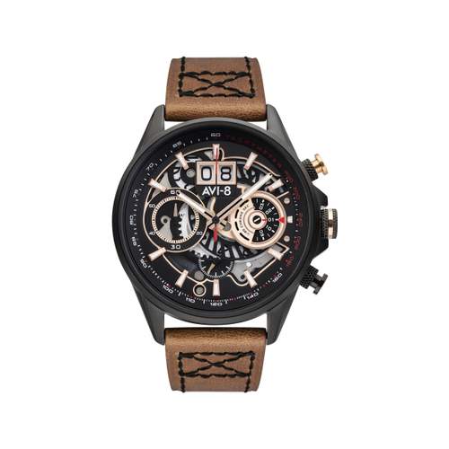 AVI-8 men's chronograph steel black leather watch
