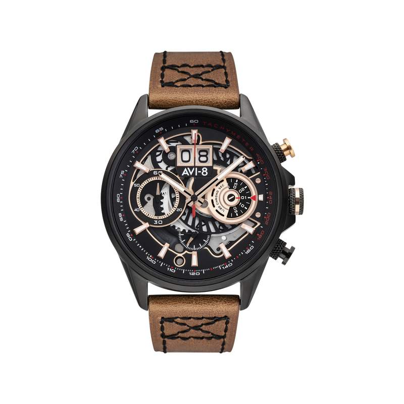 Montre AVI-8 homme chronographe acier noir cuir - vue 1