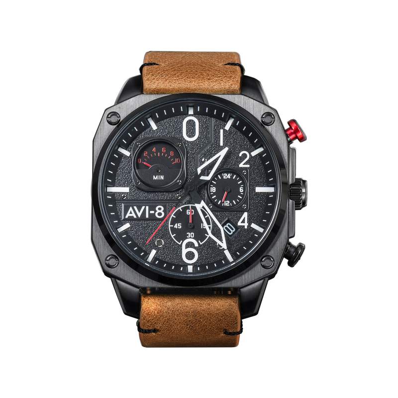 Montre AVI-8 homme chronographe acier noir cuir - vue 1