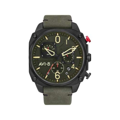 AVI-8 men's chronograph steel black leather watch