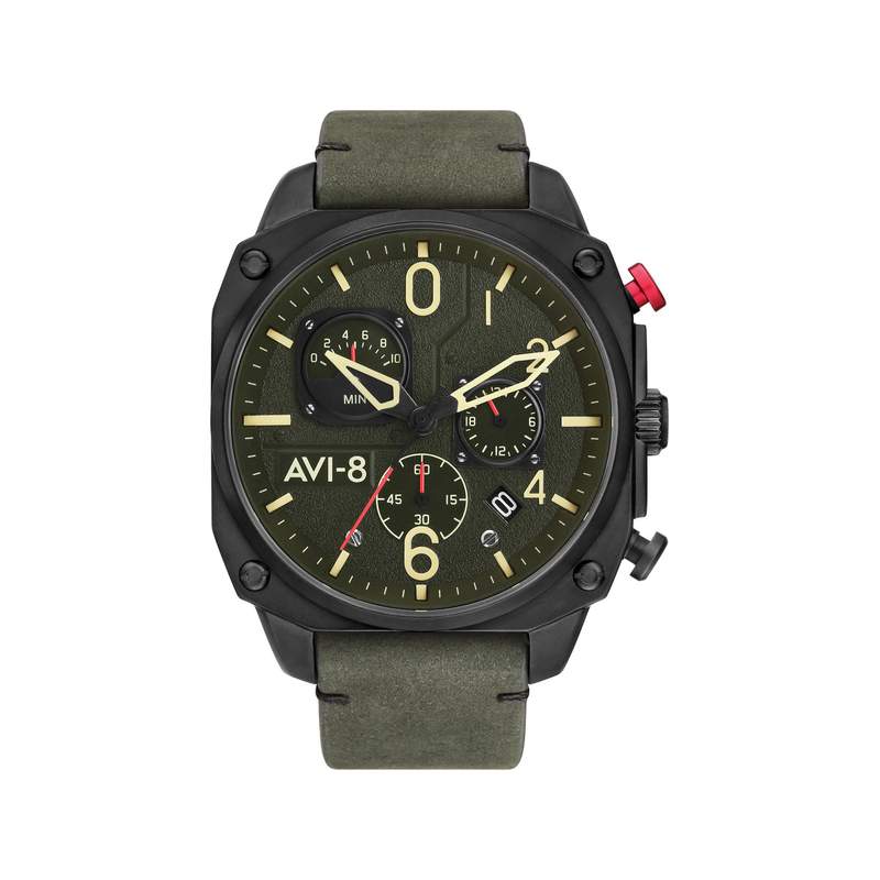 Montre AVI-8 homme chronographe acier noir cuir - vue 1