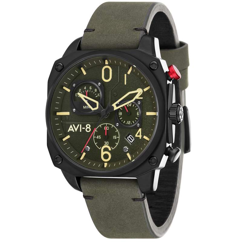 Montre AVI-8 homme chronographe acier noir cuir - vue D1
