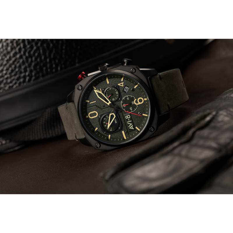 Montre AVI-8 homme chronographe acier noir cuir - vue D4