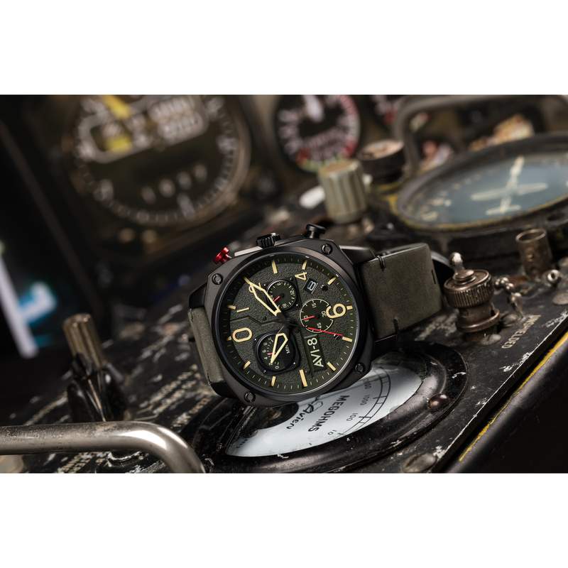 Montre AVI-8 homme chronographe acier noir cuir - vue D5