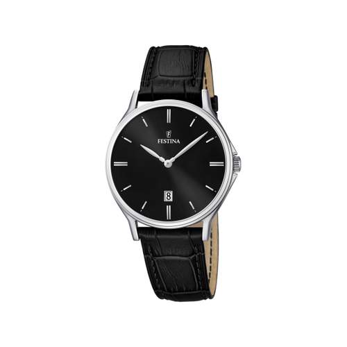 Festina zwart lederen stalen herenhorloge