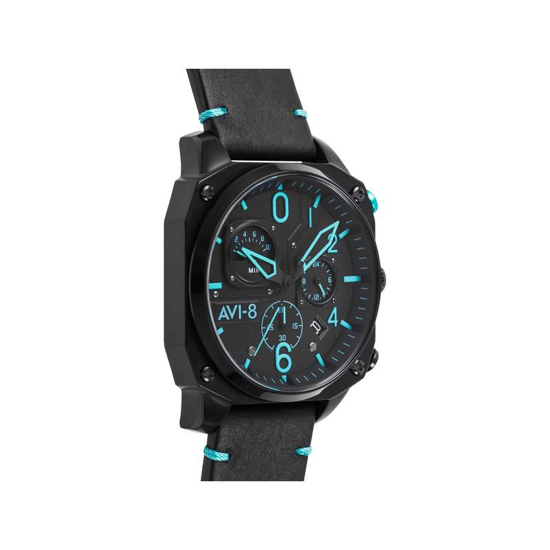Montre AVI-8 homme chronographe acier noir cuir - vue 2