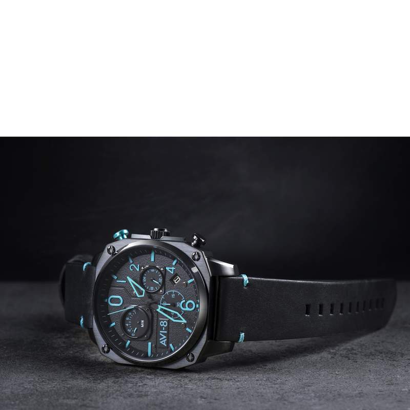 Montre AVI-8 homme chronographe acier noir cuir - vue D3