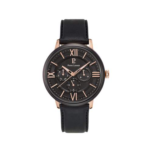 Montre Pierre Lannier homme acier rose cuir noir