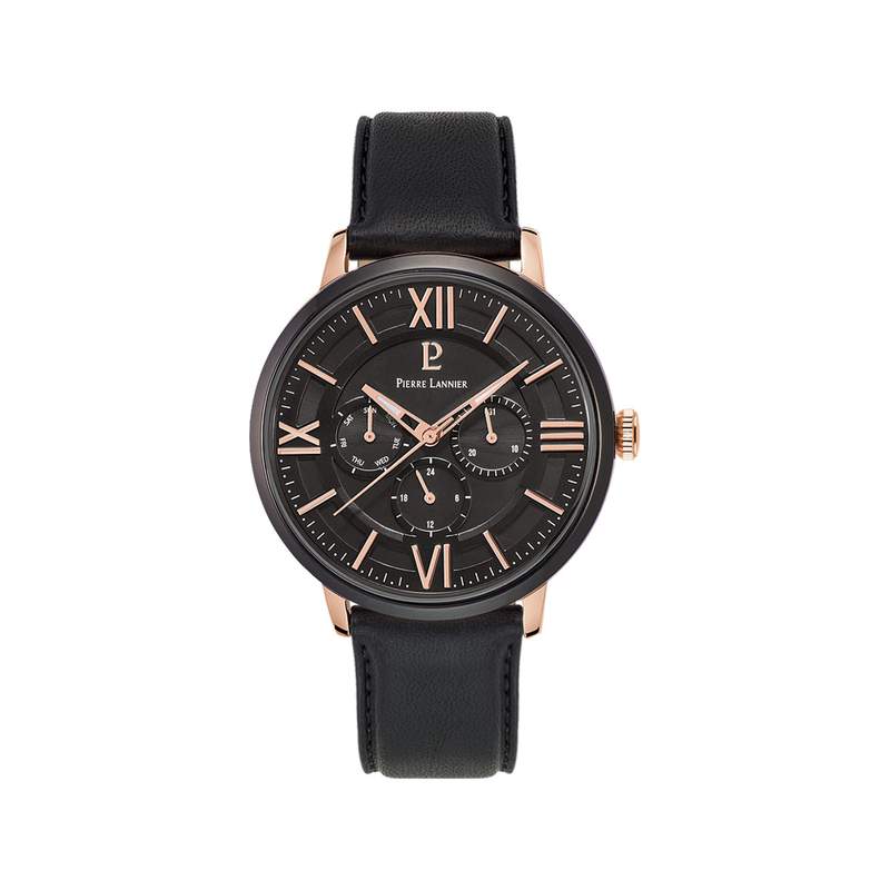 Montre Pierre Lannier homme acier rose cuir noir - vue 1