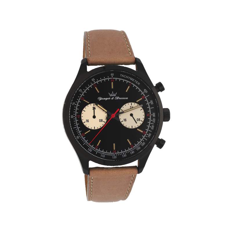 Montre Yonger et Bresson acier noir cuir marron - vue 1
