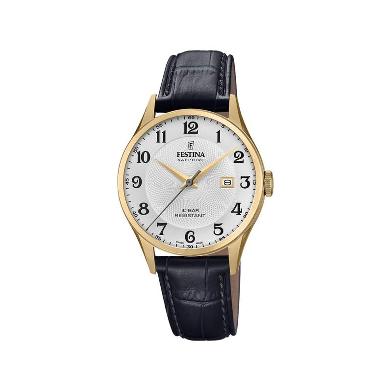 Festina-herenhorloge van verguld staal met zwart leer - afbeelding 1