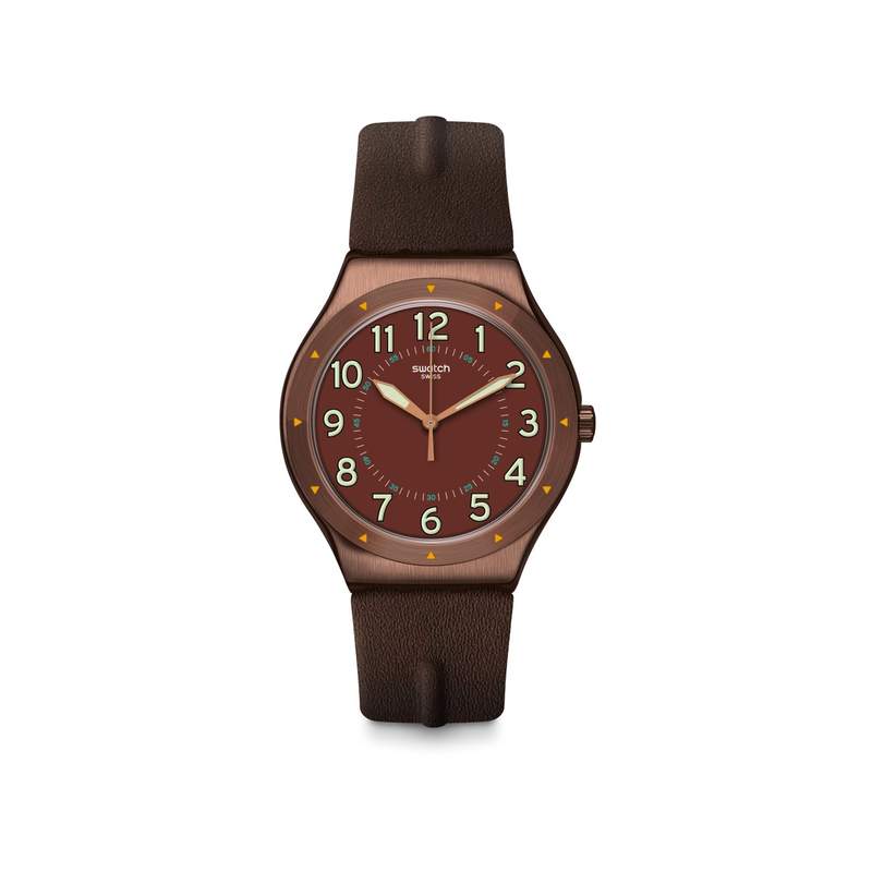Montre Swatch homme acier brun cuir brun - vue 1